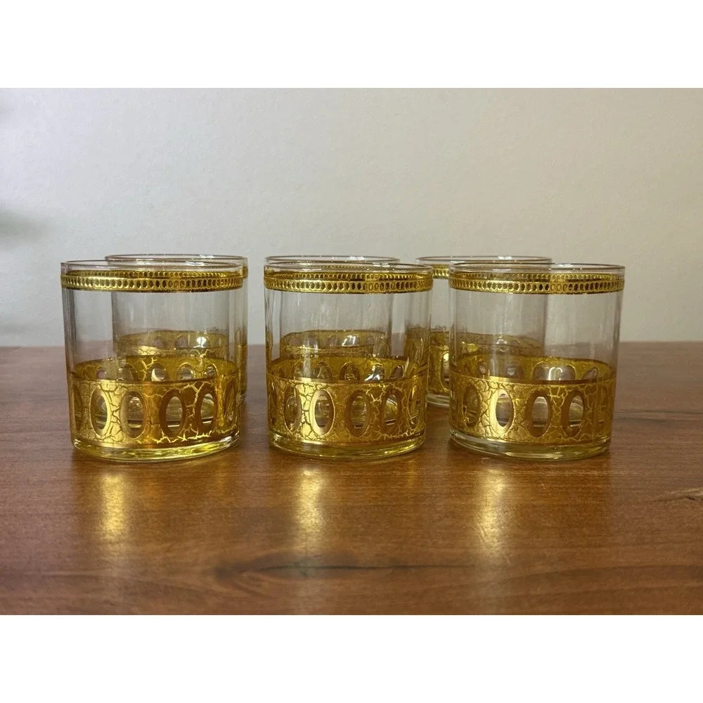 Culver Antigua Lowball Rocks Glasses Gold Crackle Gold Vintage Set 6 Perfect!